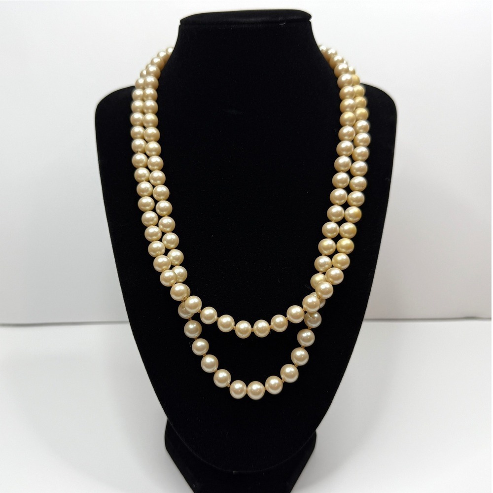 VTG Faux Pearl Double Strand Necklace Art Deco Gold Floral Rhinestone Clasp 20in